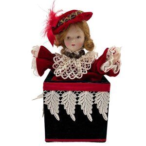 Vintage Jack-In-The-Box Jester Porcelain Doll With Red Velvet Victorian Outfit L